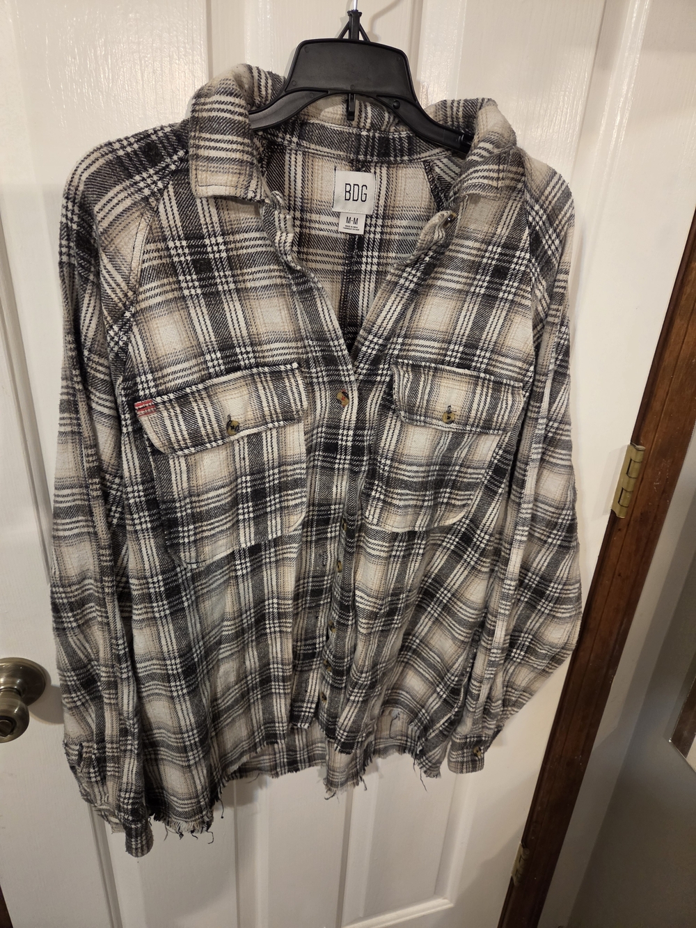 BDG Plaid Button-Down Shirt Jacket in Black, White, Tan